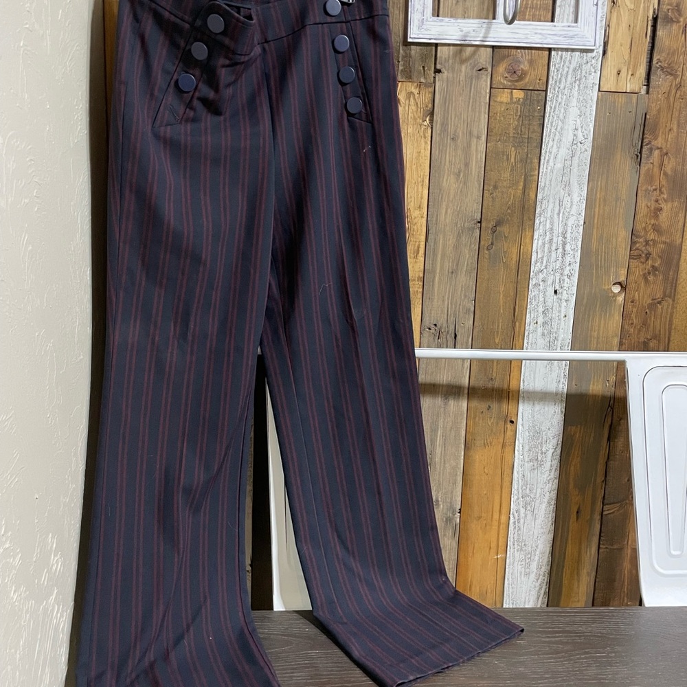 LOFT Navy and Burgundy Striped Trousers